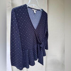 BANANA REPUBLIC PEPLUM WRAP TOP NAVY DOT V NECK 3/4 BRACELET SLEEVES S 626357